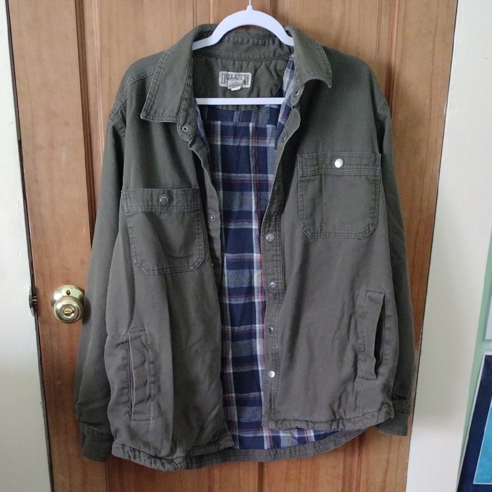 Duluth Trading Co Olive Green Work Jacket with Plaid Lining